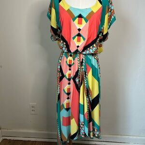 ONE WORLD Geometric Colorblock Maxi Dress - Coral, Teal, Yellow, Black